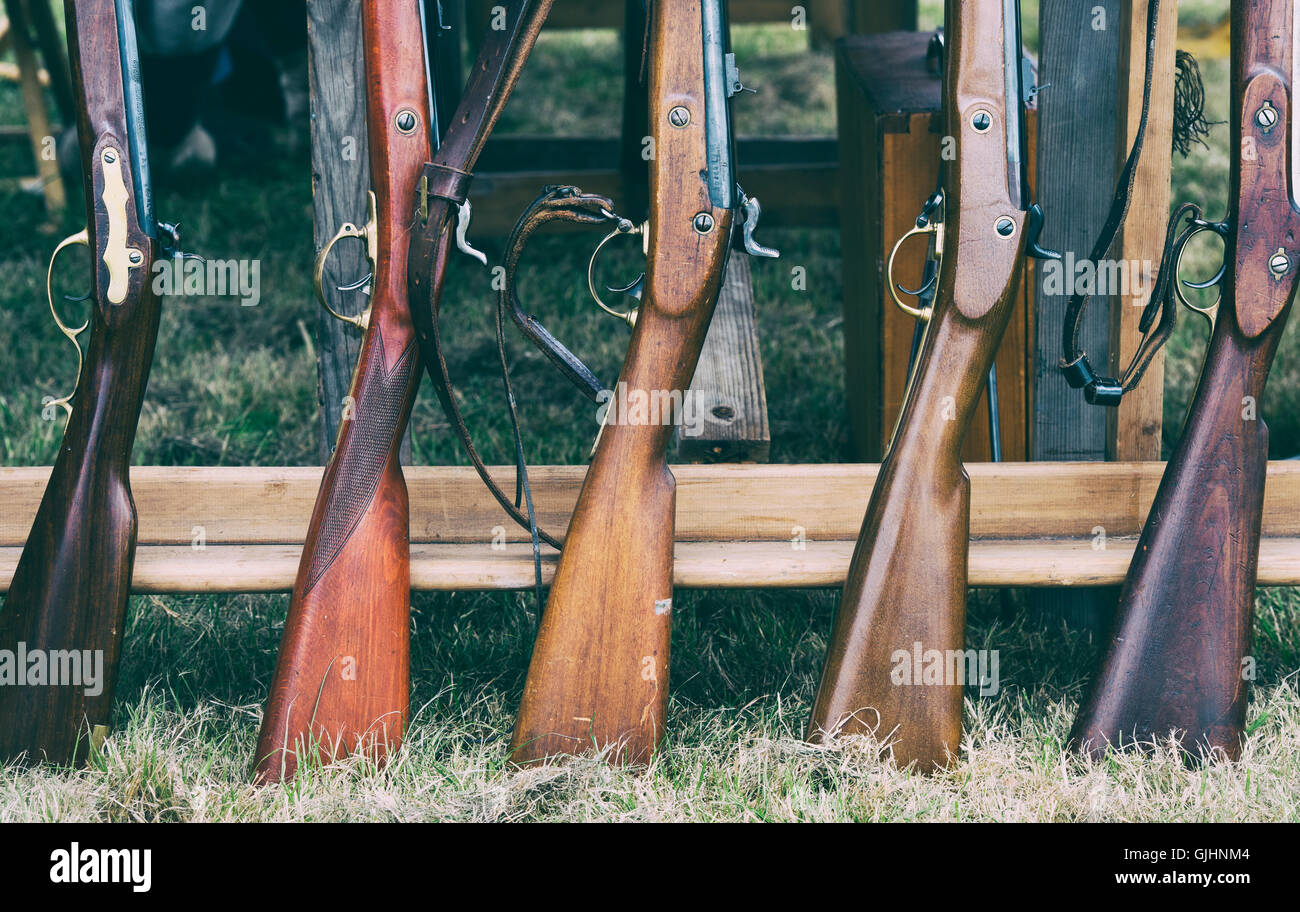 Confederate Soldiers muskets in an encampment of a American Civil war