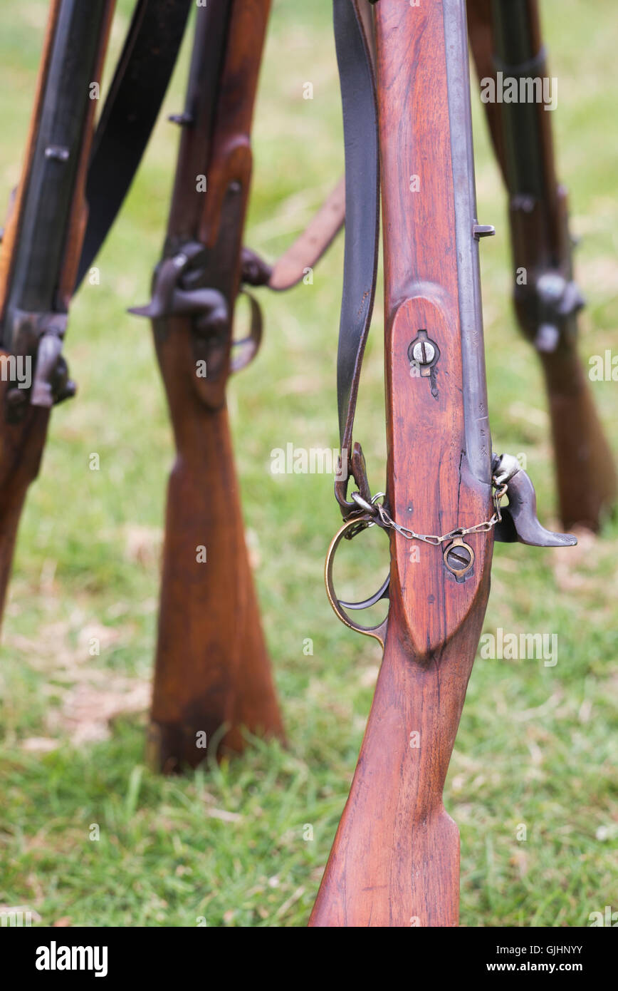 Rifles in the Union soldiers camp of a American Civil war reenactment