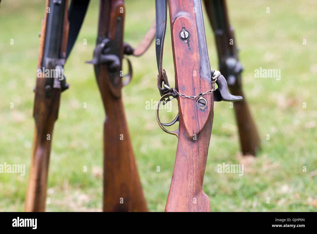 Rifles in the Union soldiers camp of a American Civil war reenactment