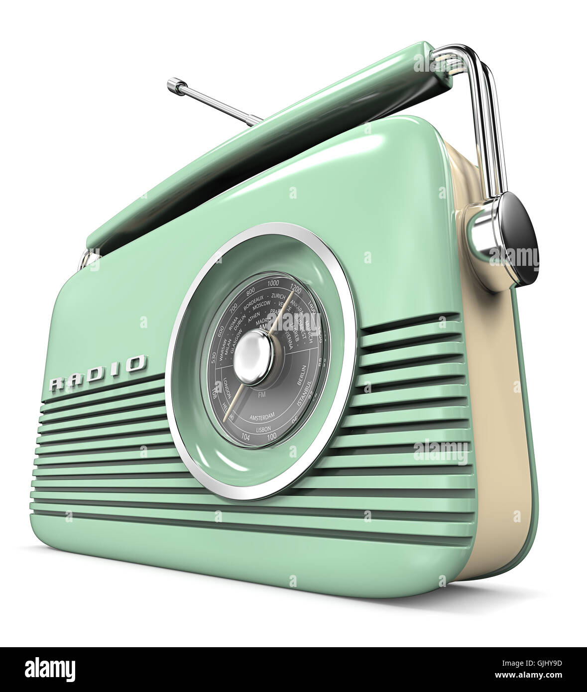 Perspective view 3D render of a Classic Green Retro Style Radio. Plastic. Stock Photo