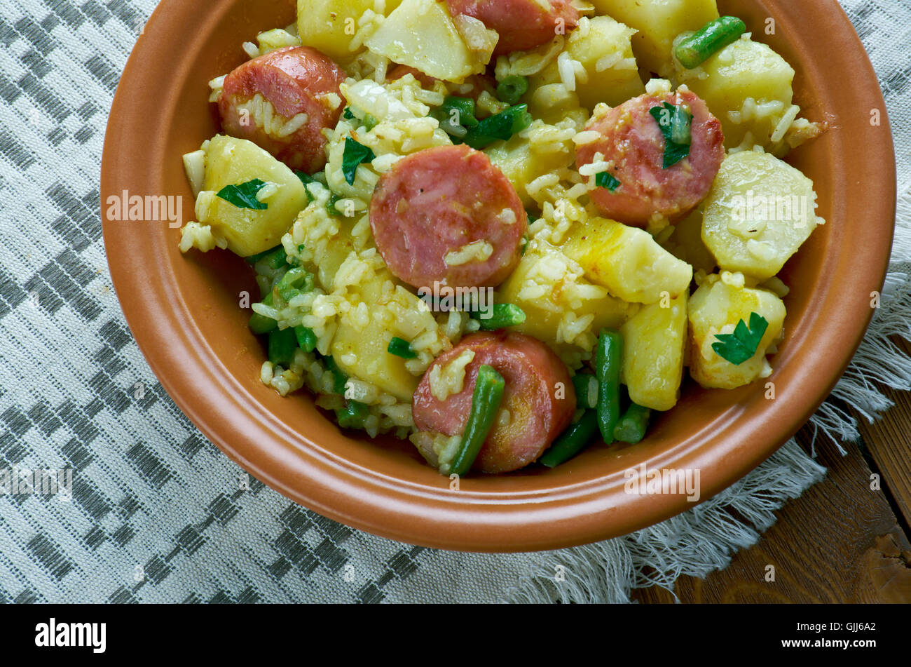 Jack jambalaya on the grill.Jambalaya. Spicy rice with smoked sausage and potato Stock Photo Alamy