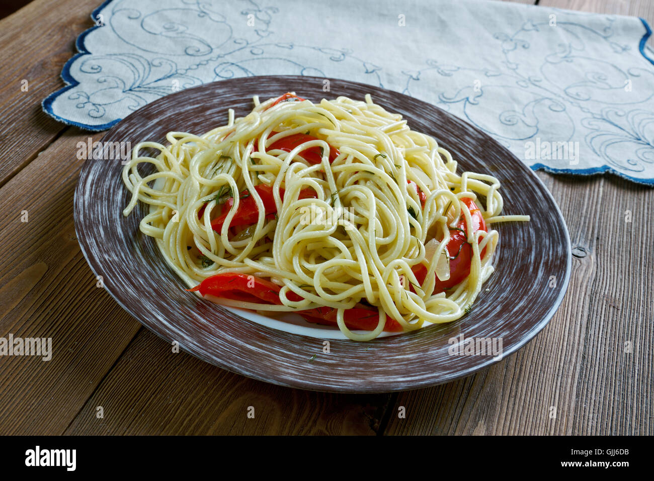 Spaghetti with Spanish flavours. Spanish Pasta With Sausage Stock Photo