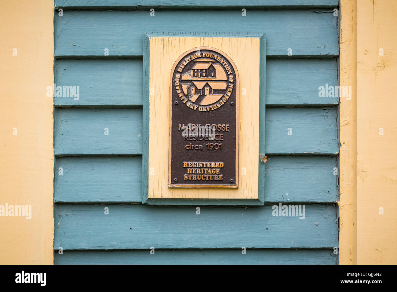 An historic Bed and Breakfast mansion plaque at Bay Roberts, Newfoundland and Labrador, Canada. Stock Photo