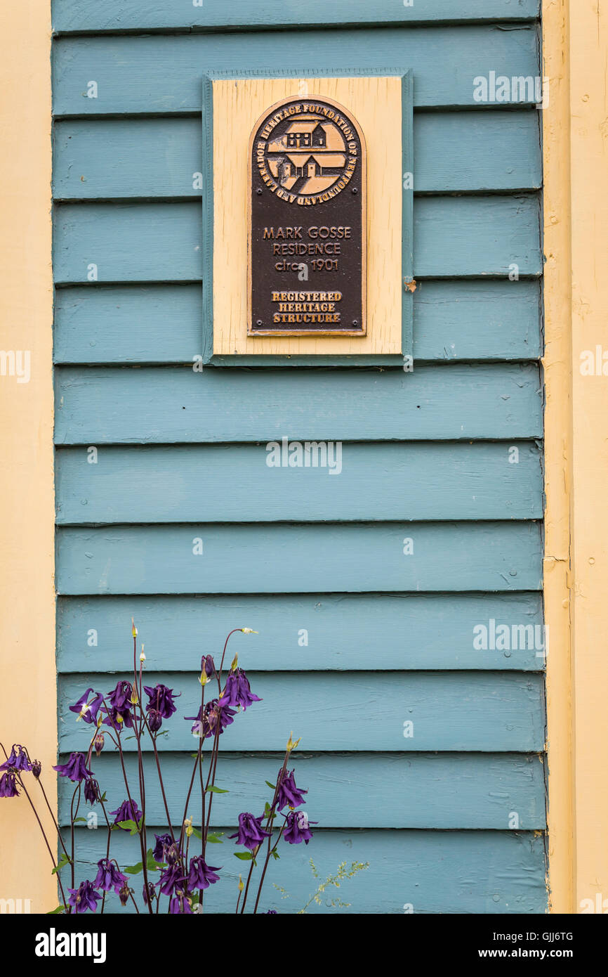 An historic Bed and Breakfast mansion plaque at Bay Roberts, Newfoundland and Labrador, Canada. Stock Photo