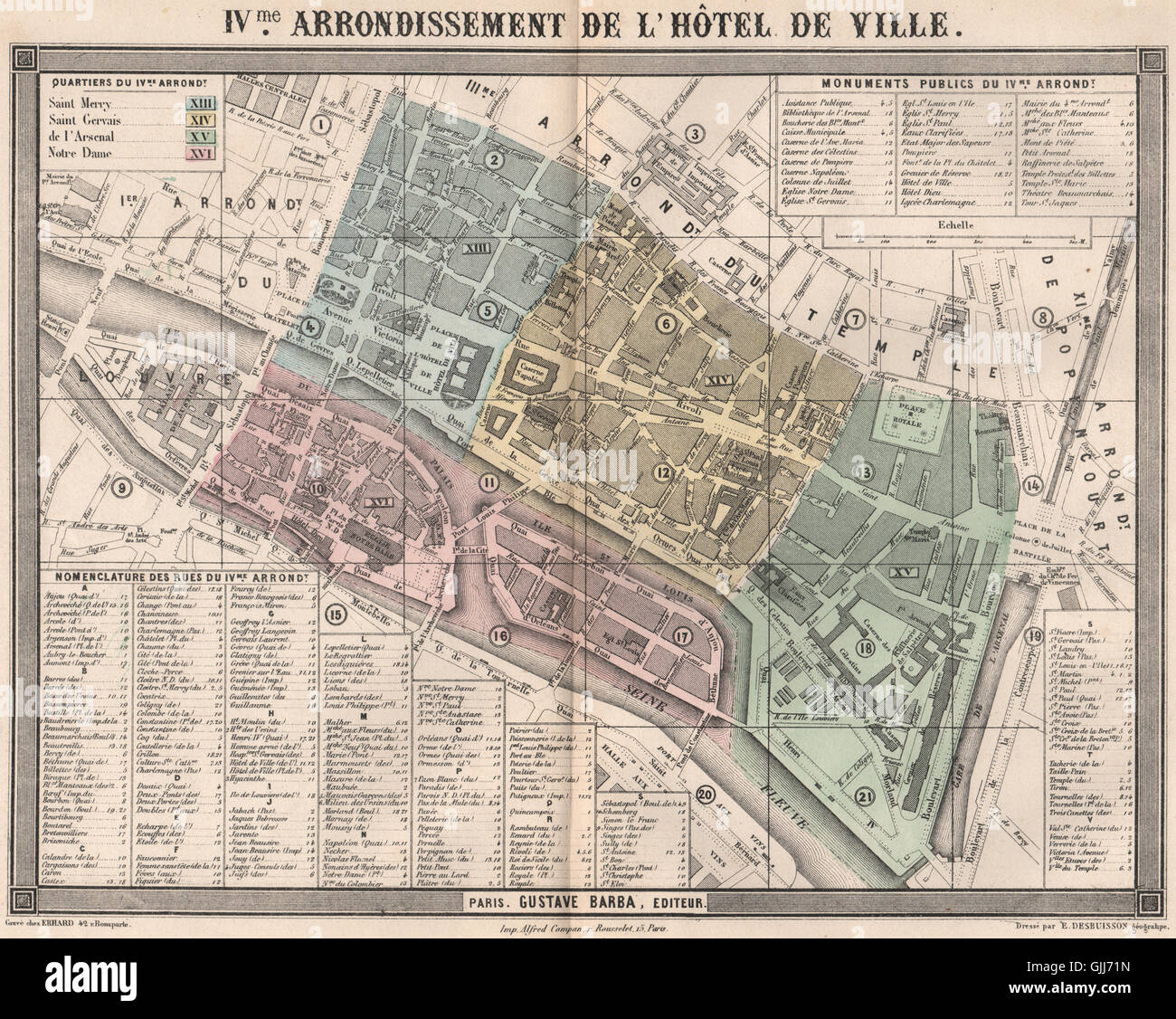 PARIS 4e 4th IVme arrondissement de l'Hôtel de Ville. BARBA, 1860 antique map Stock Photo