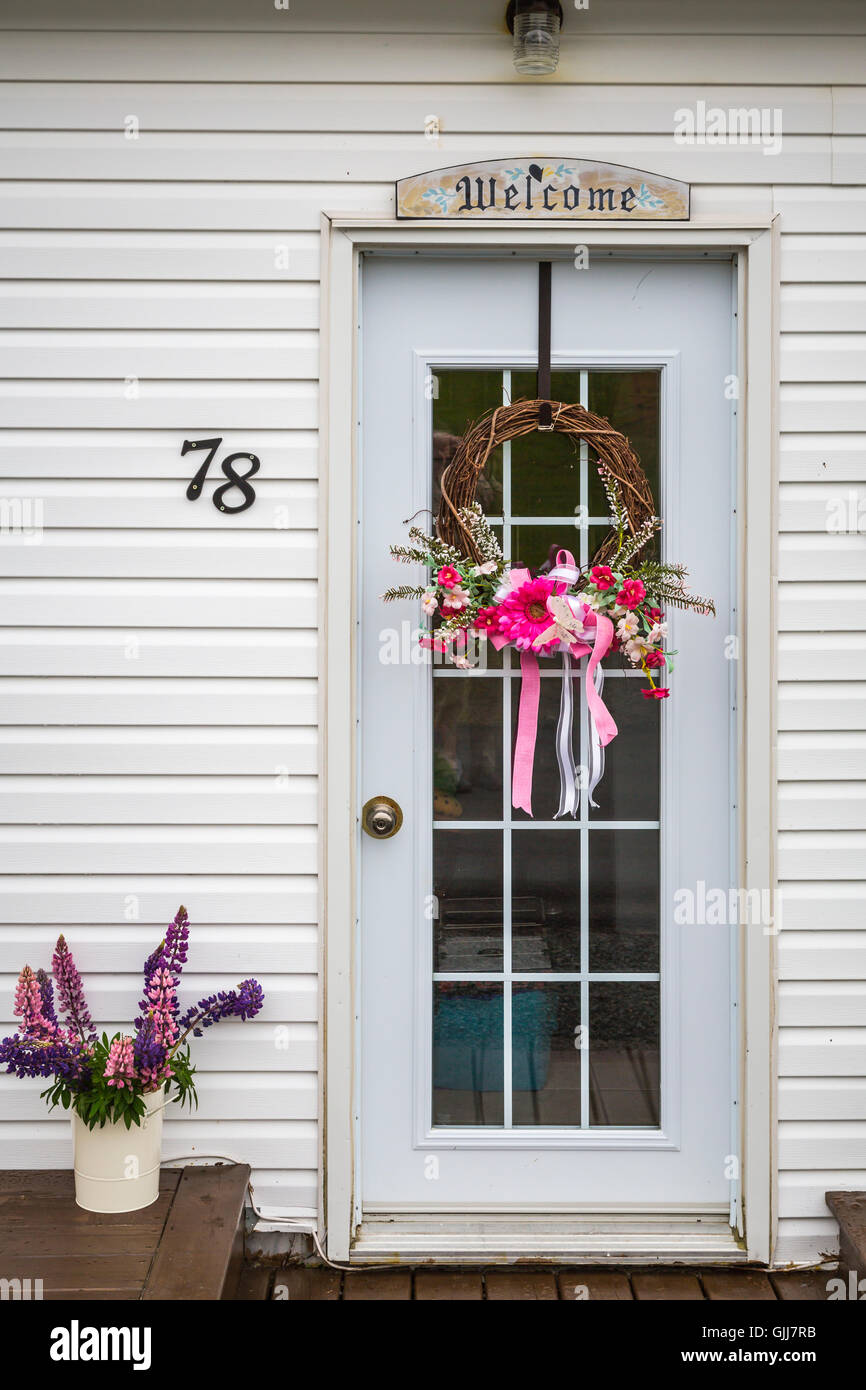 A home and door with a decorative wreath near Bay Roberts, Newfoundland and Labrador, Canada. Stock Photo