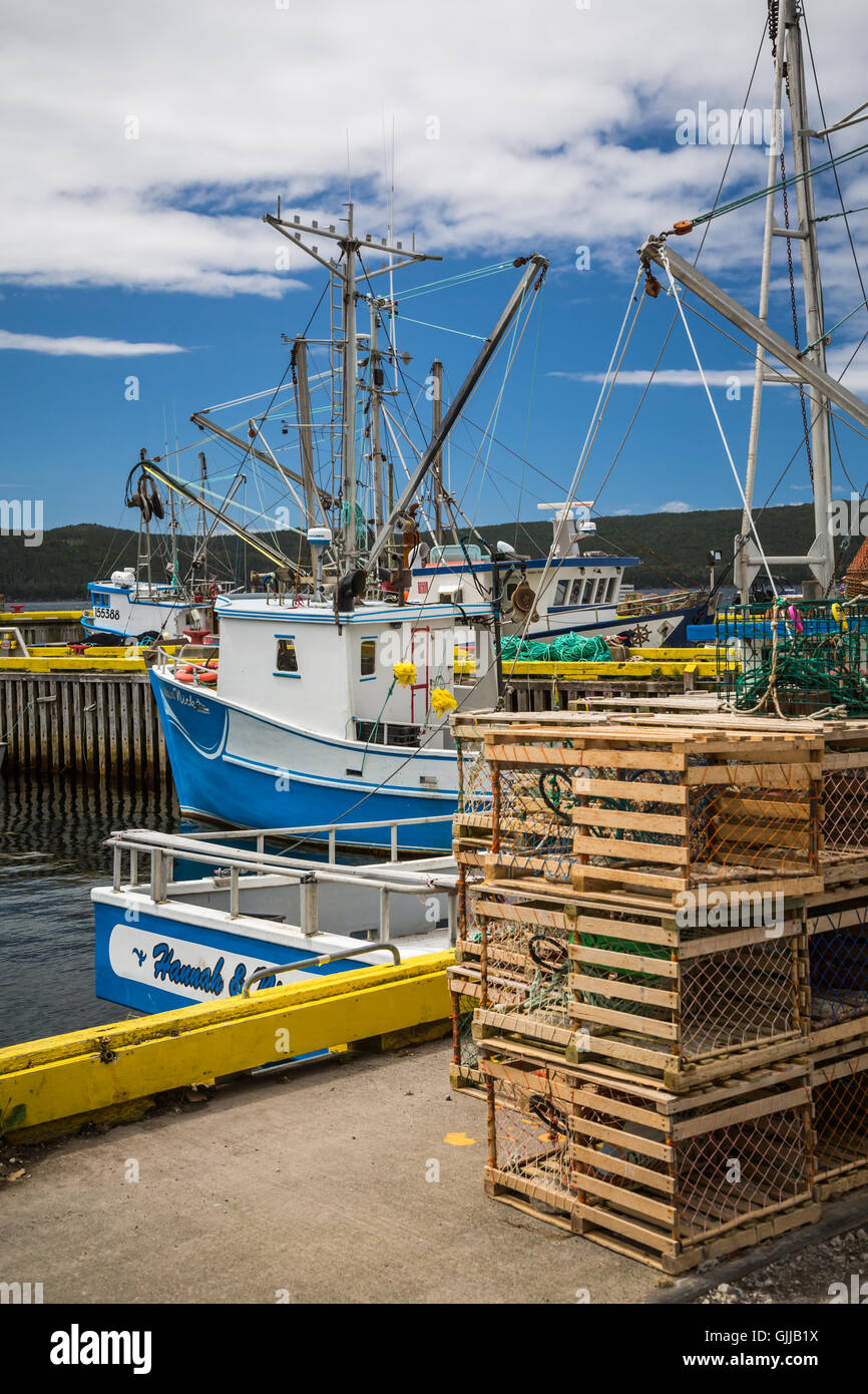 Fishing boats and lobster traps near Bay Roberts, Newfoundland and Labrador, Canada. Stock Photo