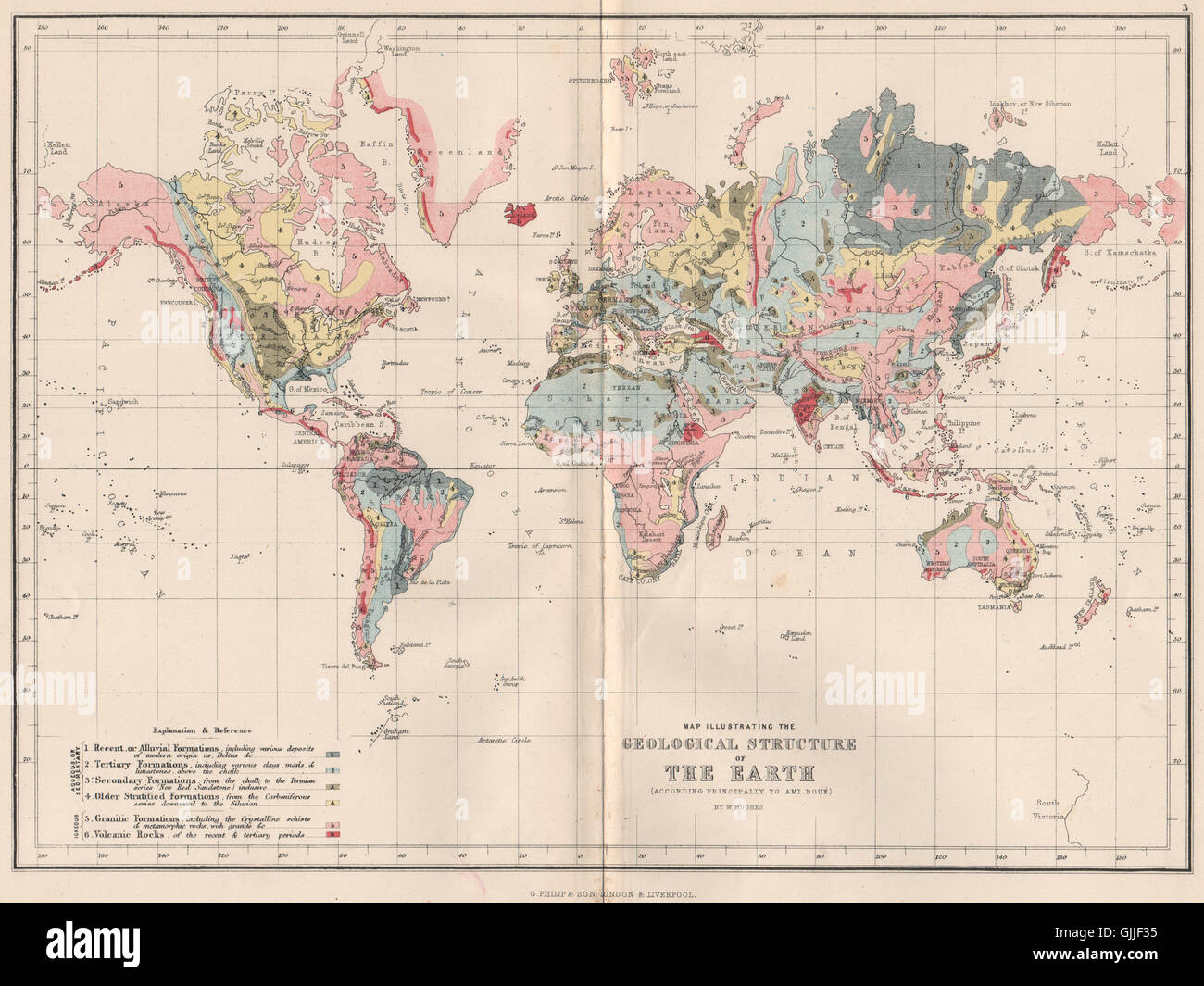 WORLD. Map Illustrating the Geological structure of the Earth (Ami Boue) 1886 Stock Photo