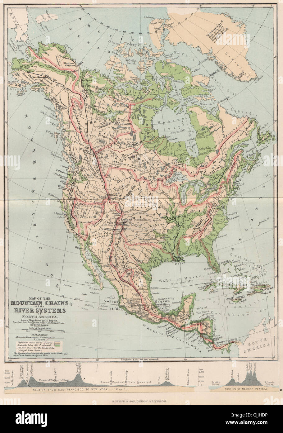 NORTH AMERICA. Map Mountain Chains & river systems of, 1886 Stock Photo