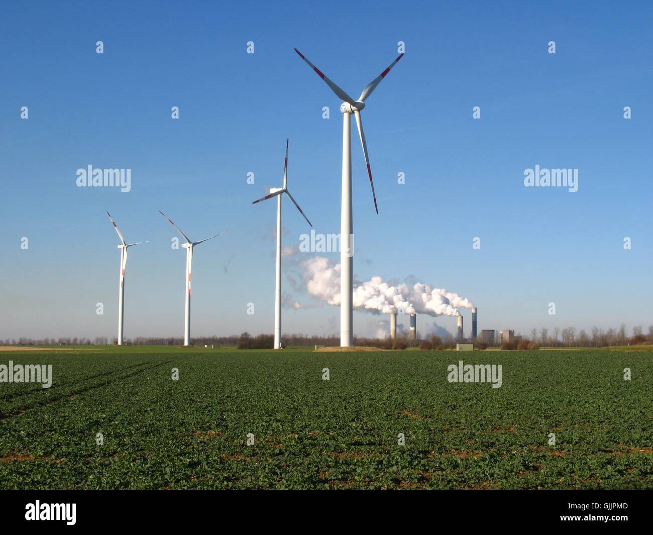 windmills and lignite power plant Stock Photo
