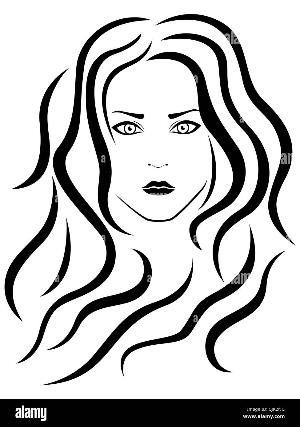 Abstract female with wavy hair, vector black outline Stock Vector
