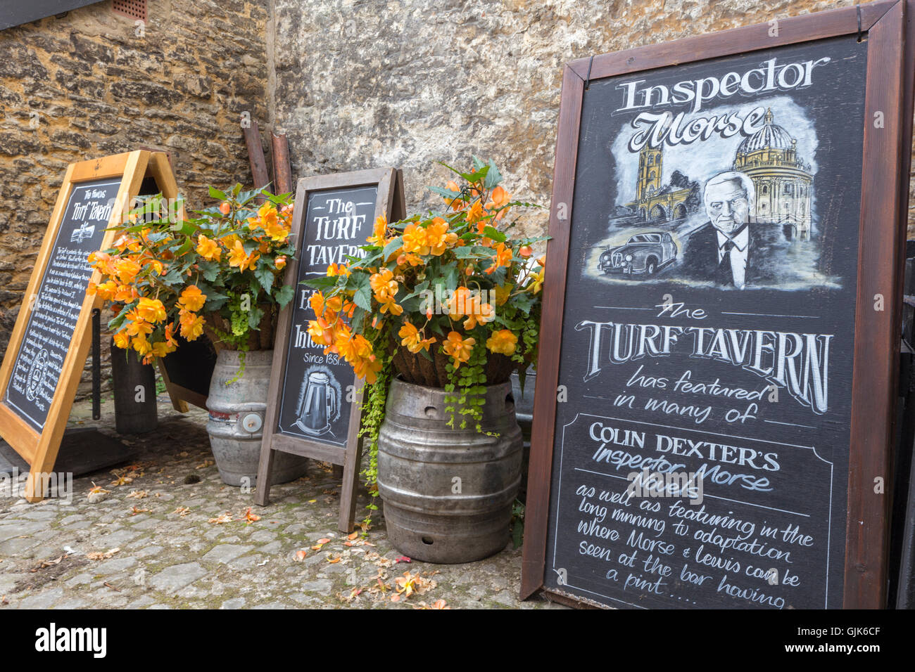 Display boards at the Turf Tavern, Oxford remembering the Inspector Morse TV series that filmed in the Turf Tavern, England, UK Stock Photo