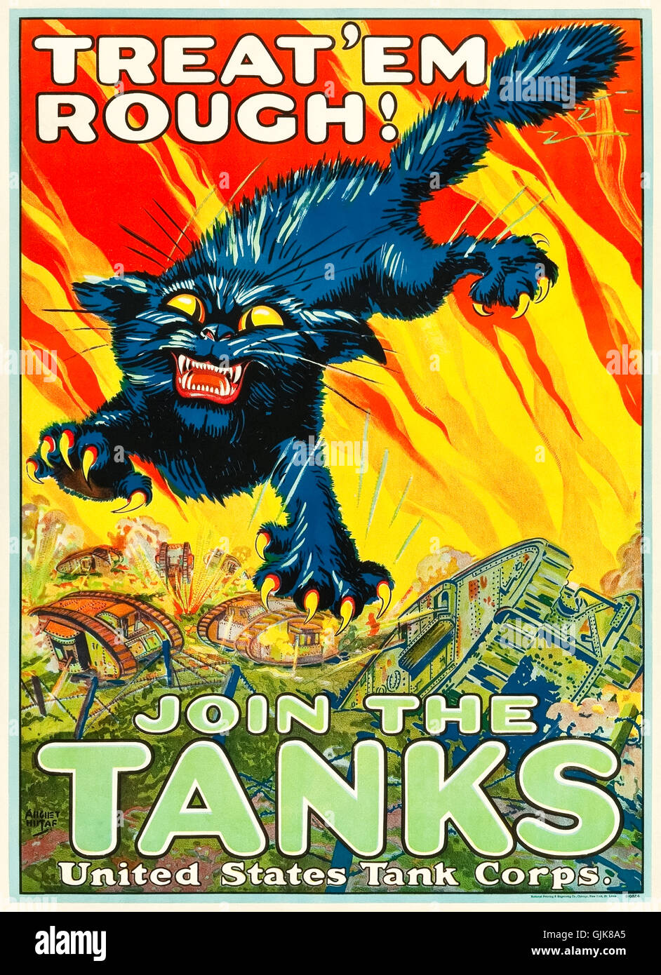 “TREAT’EM ROUGH! JOIN THE TANKS” 1917 World War I recruitment poster for the newly formed United States Tank Corps, illustration by August “Gus” William Hutaf (1874-1942). The tanks pictured are British Mark IV as America had no tanks when it first entered the war in 1917. See description for more information. Stock Photo