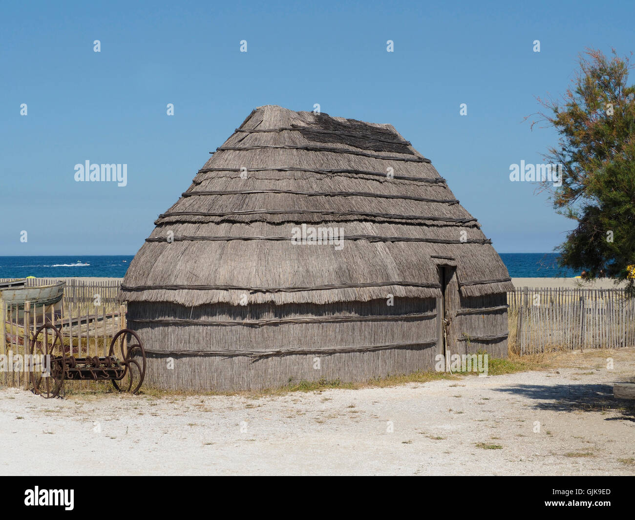 Replica traditional reed hut in a museum fishing village in le Barcares ...