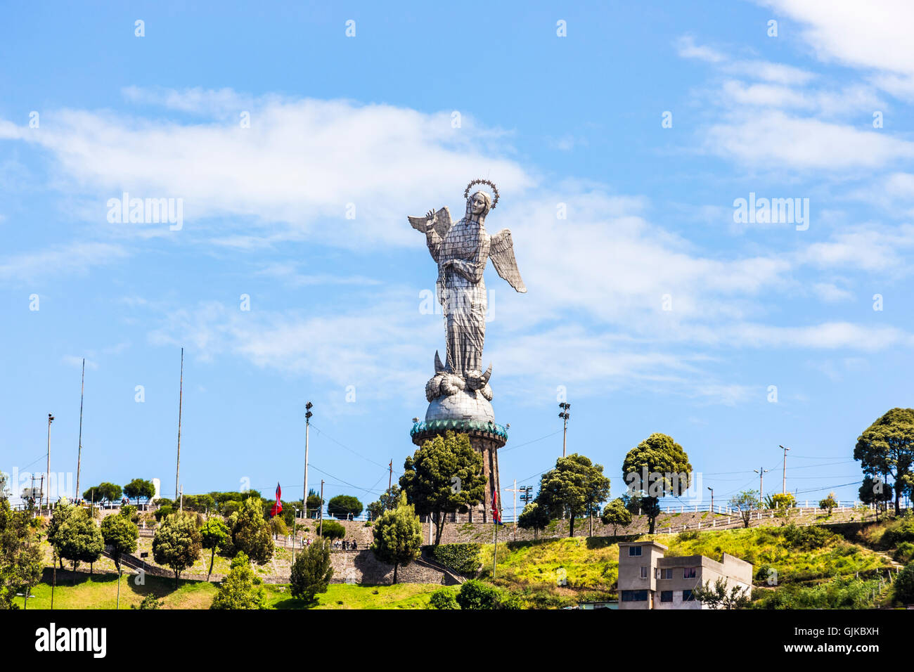 Iconic Virgin of Quito statue on the skyline of Quito, capital city of