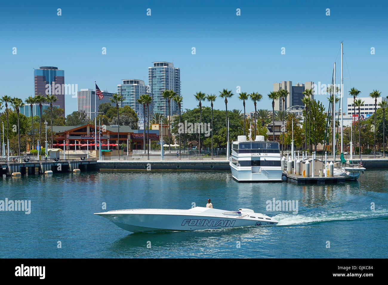 A Power Boat Leaving Rainbow Harbor, Long Beach, California. Stock Photo