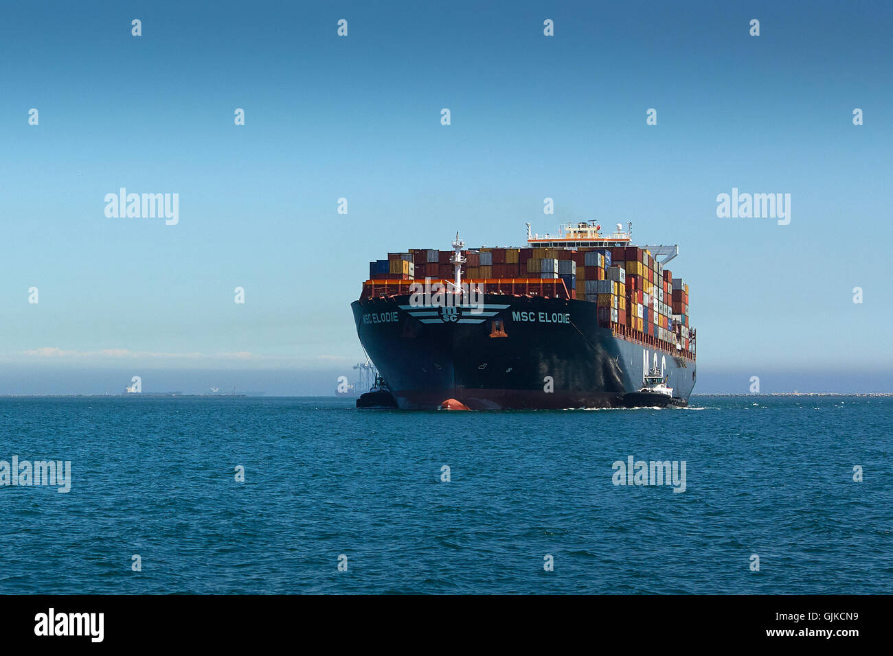 The Giant Mediterranean Shipping Company Container Ship, MSC Elodie, Arrives In Long Beach Harbor. Stock Photo