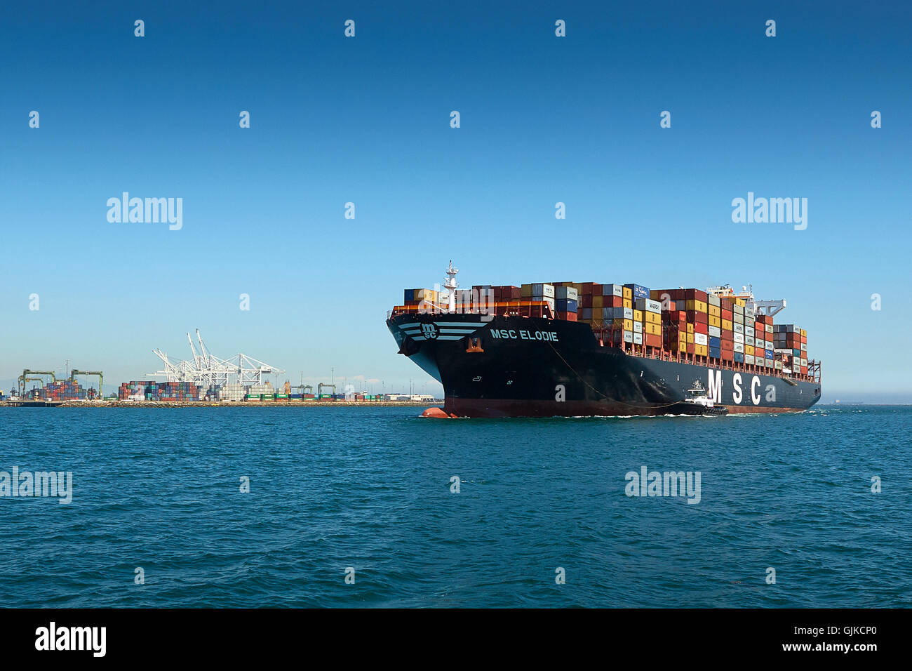 The Giant Mediterranean Shipping Company Container Ship, MSC Elodie, Arrives In The Port Of Long Beach, California, USA. Stock Photo