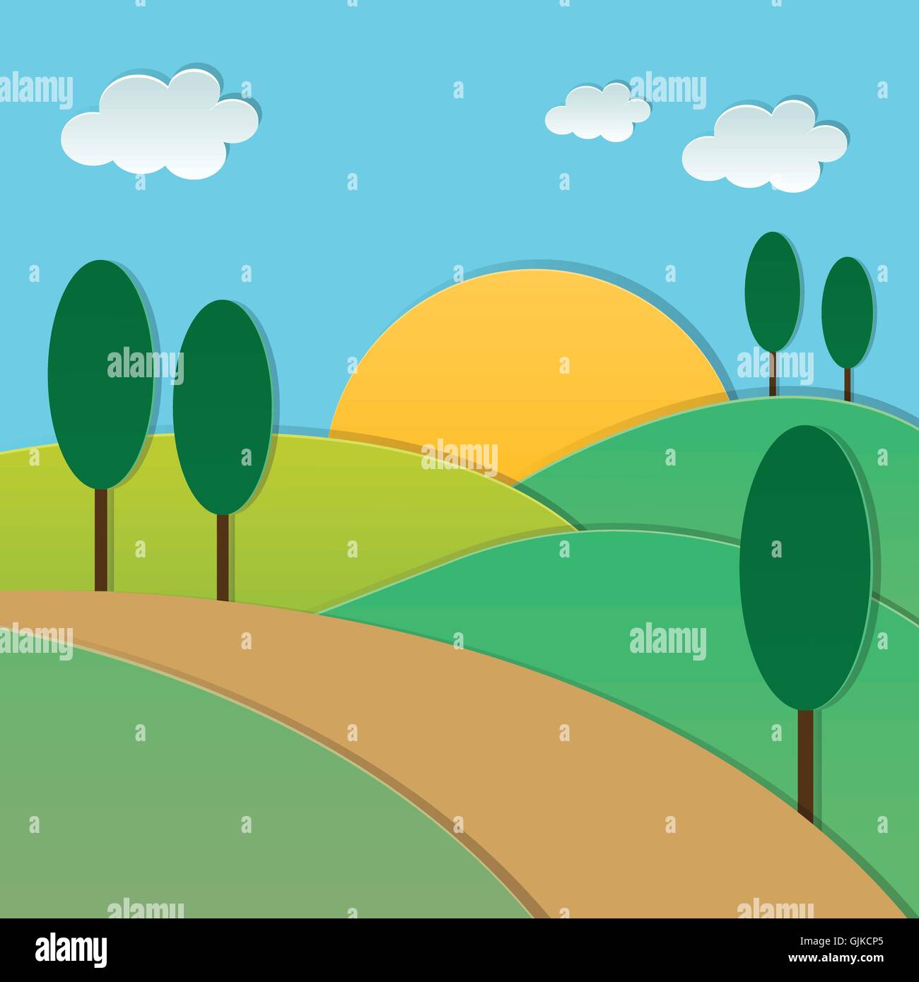 Summer Landscape Road Blue Cloud Sky With Sun Green Grass Stock Vector ...