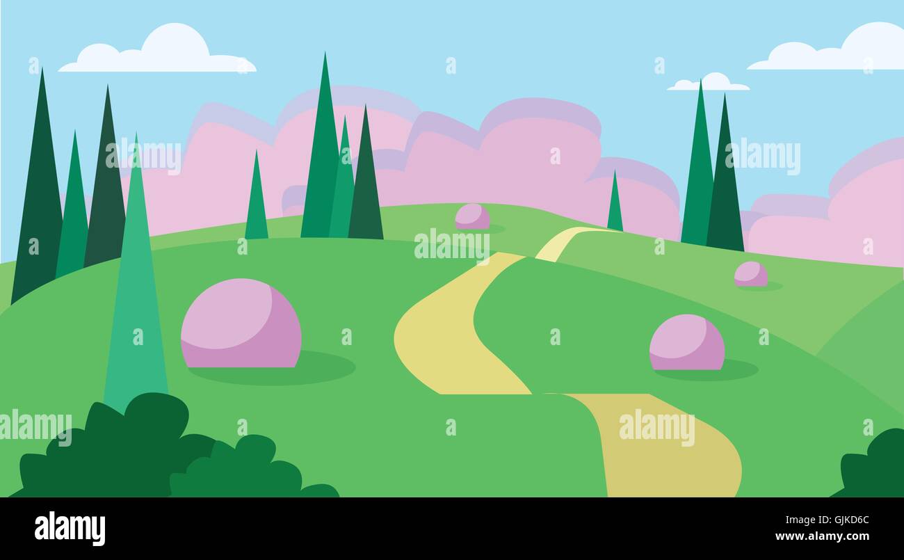 Abstract Summer Landscape Road Blue Cloud Sky With Sun Green Grass ...