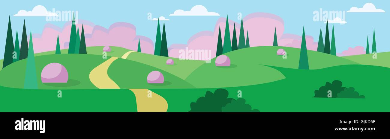 Abstract Summer Landscape Road Blue Cloud Sky With Sun Green Grass ...