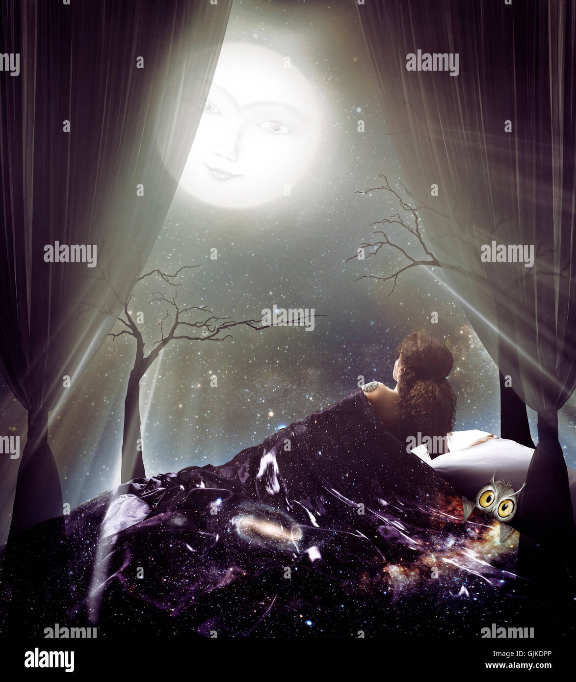 License available at MaximImages.com - Lit by the moonlight woman under the starry sky blanket with an owl under the full moon artistic spiritual phot Stock Photo