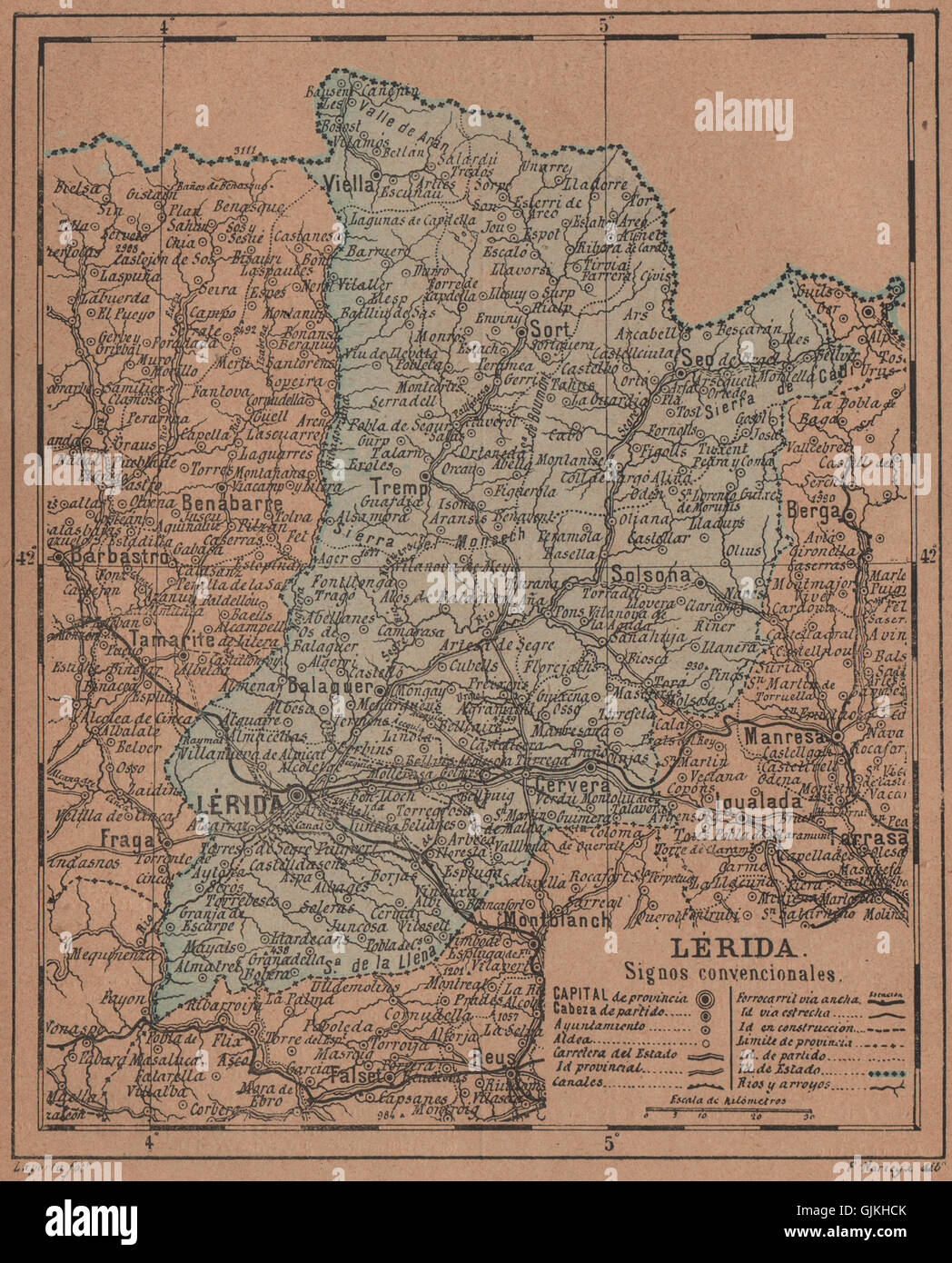LÉRIDA. Lleida Lerida. Cataluña Catalunya. Mapa antiguo de la provincia 1905 Stock Photo