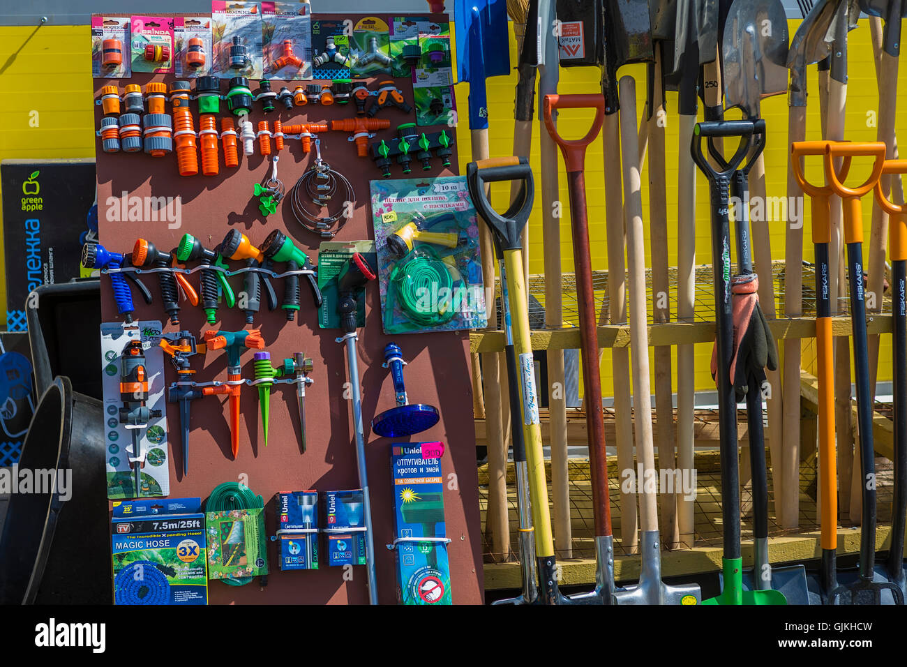 Tools for the garden on display Stock Photo Alamy