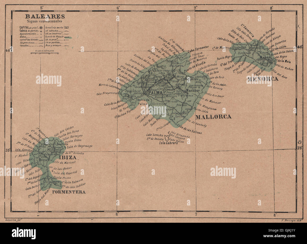 ISLAS BALEARES. ILLES BALEARS. Mallorca Ibiza Menorca. Balearic Islands 1908 map Stock Photo
