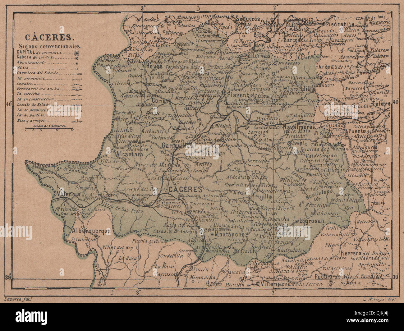 CÁCERES. Caceres. Extremadura. Mapa antiguo de la provincia, 1908 Stock  Photo - Alamy