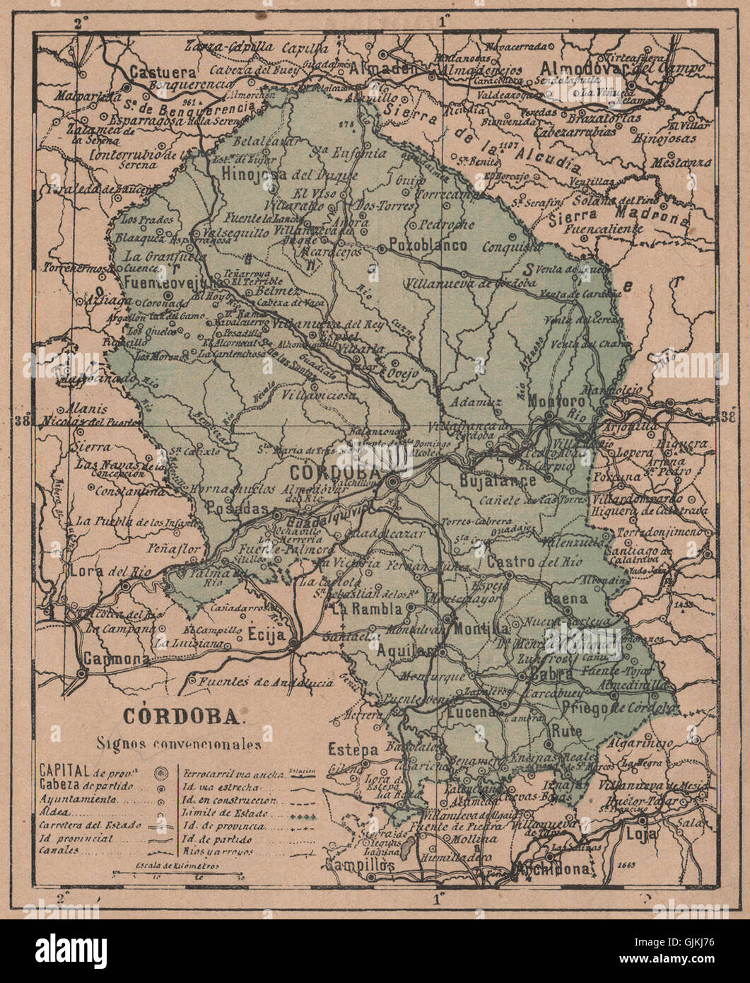 CÓRDOBA. Cordoba. Andalucia. Mapa antiguo de la provincia, 1908 Stock Photo