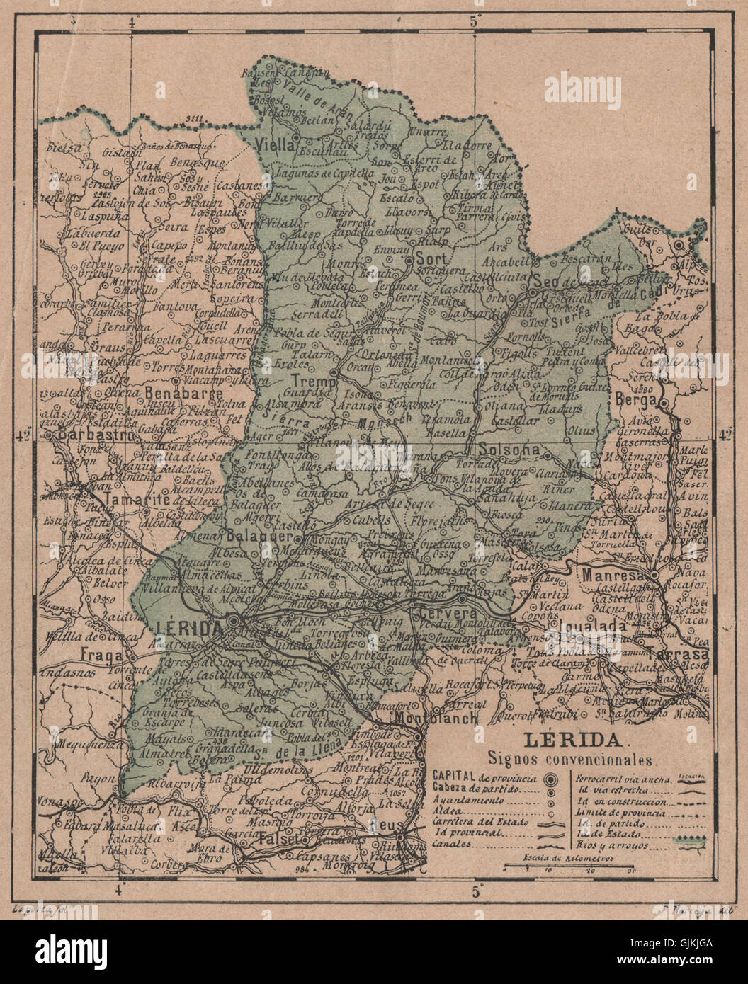 LÉRIDA. Lleida Lerida. Cataluña Catalunya. Mapa antiguo de la provincia 1908 Stock Photo