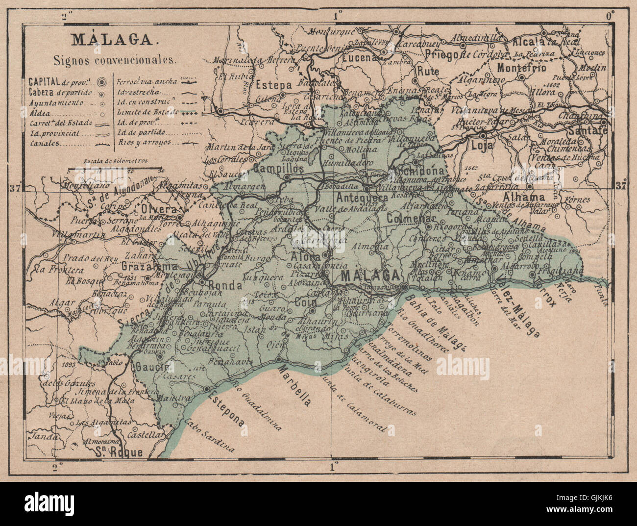 MÁLAGA. Malaga. Andalucia. Mapa antiguo de la provincia, 1908 Stock Photo -  Alamy