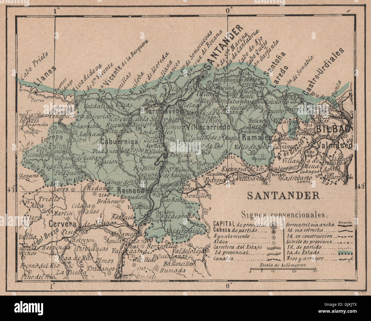 CANTABRIA. Santander. Mapa antiguo de la provincia, 1908 Stock Photo