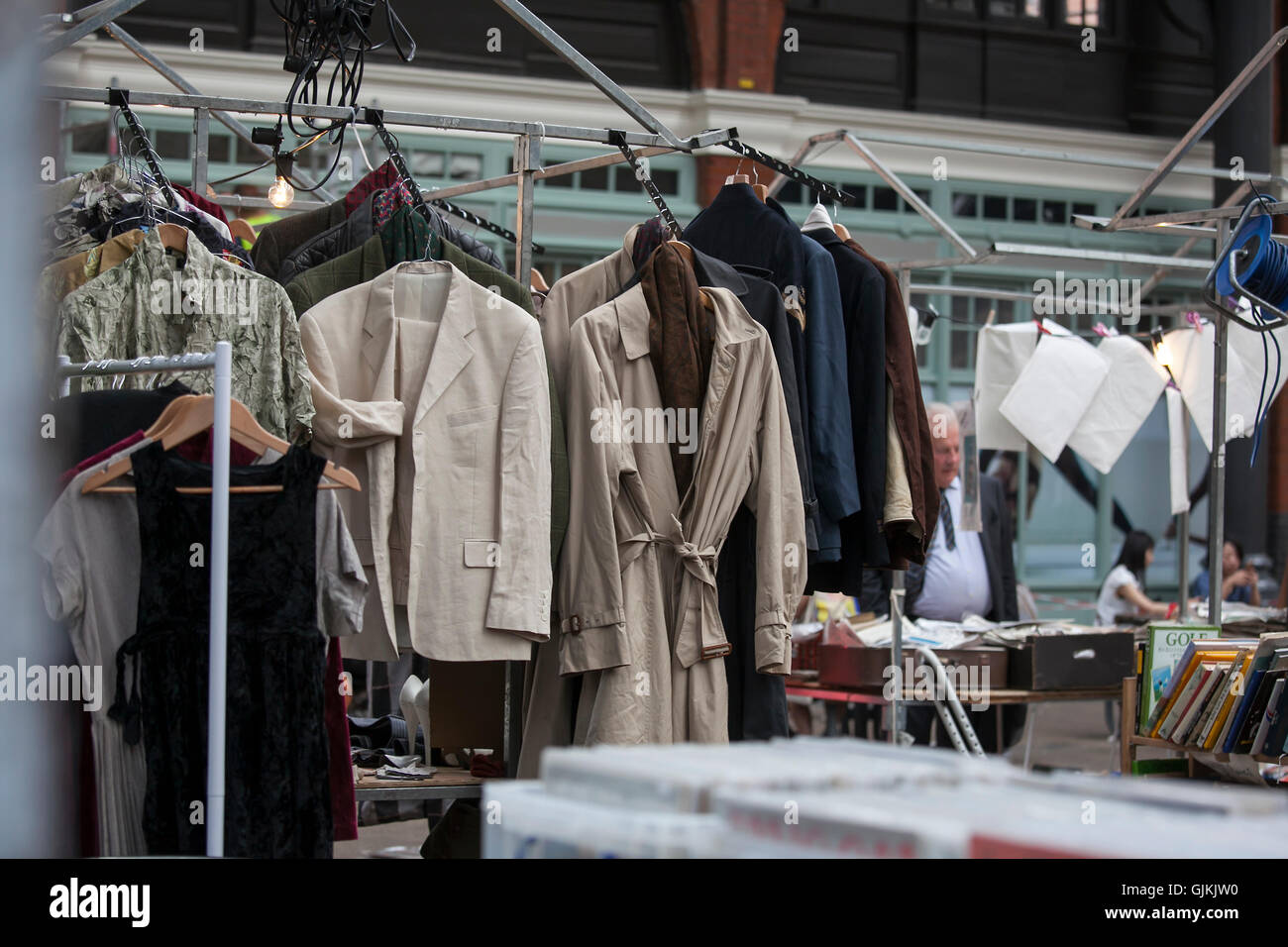 Spitalfields Antic Market. vintage outerwear, coats hanging on a rack Stock Photo