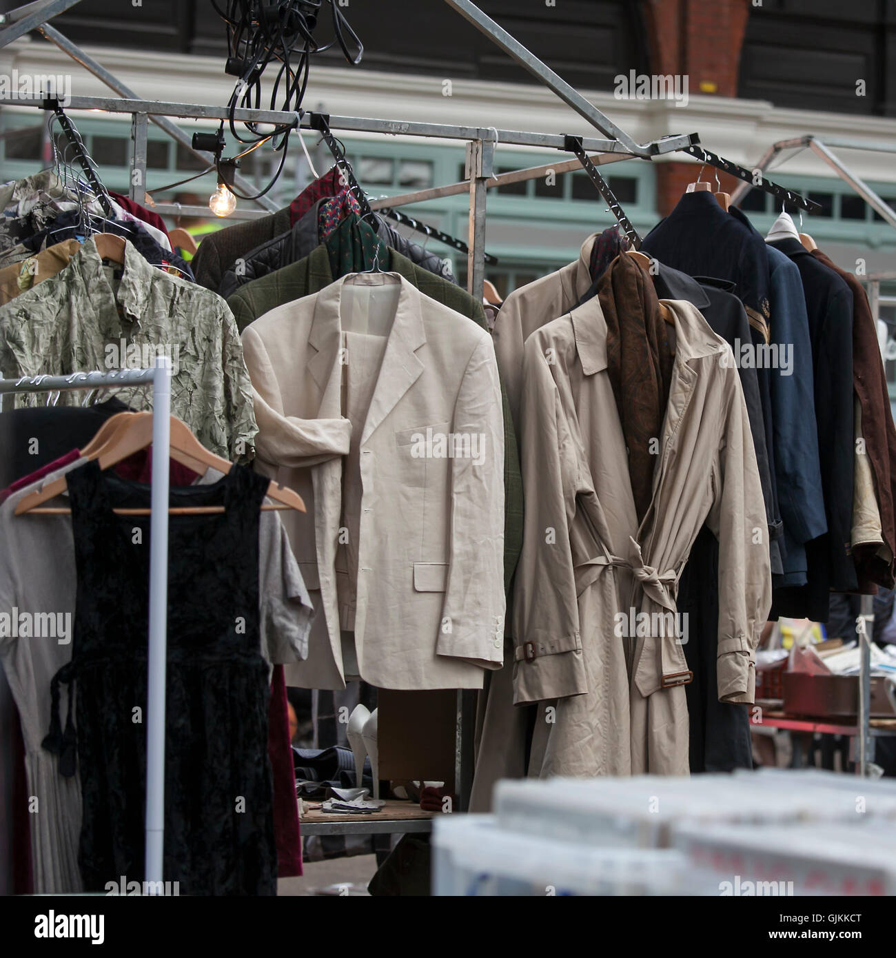 Spitalfields Antic Market. vintage outerwear, coats hanging on a rack Stock Photo