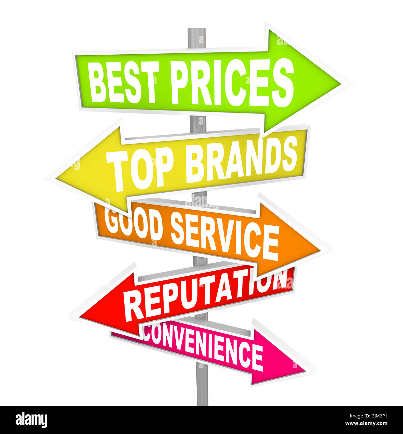 Store Advertisements on Arrow Signs - Unique Selling Points Stock Photo