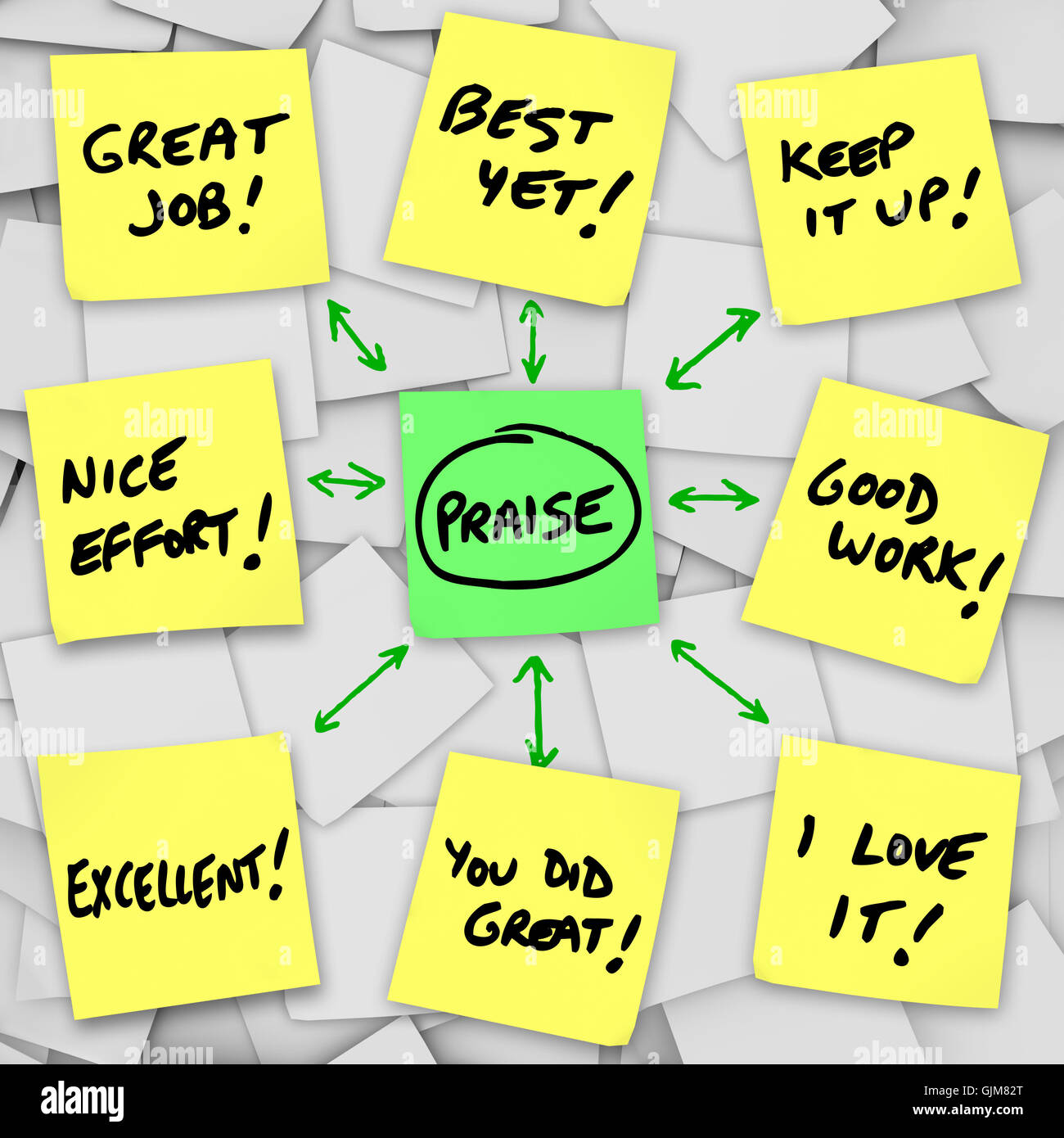 Praise Positive Reviews and Comments on Sticky Notes Stock Photo