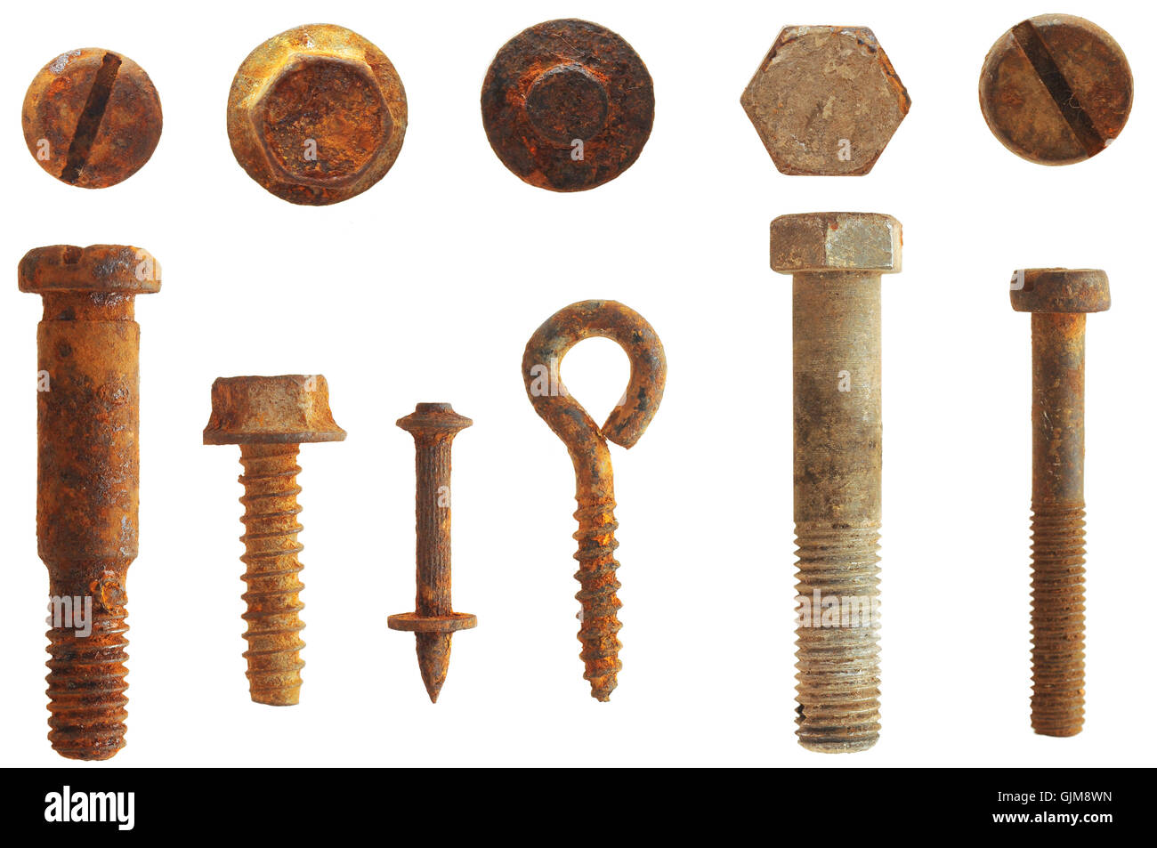 rusty screws and bolts isolated on white Stock Photo
