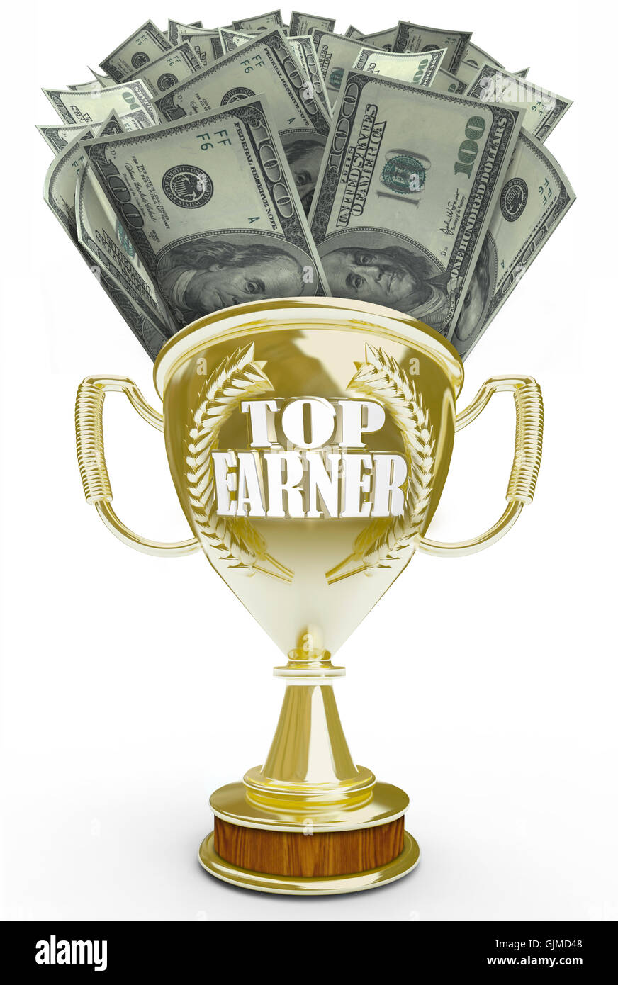 Top Earner - Cash in Golden Trophy Stock Photo