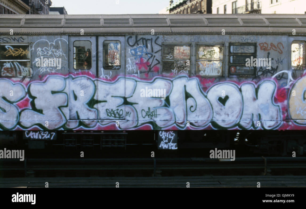 Illegal graffiti on a subway car in New York City. The mural was done by the subway artist named