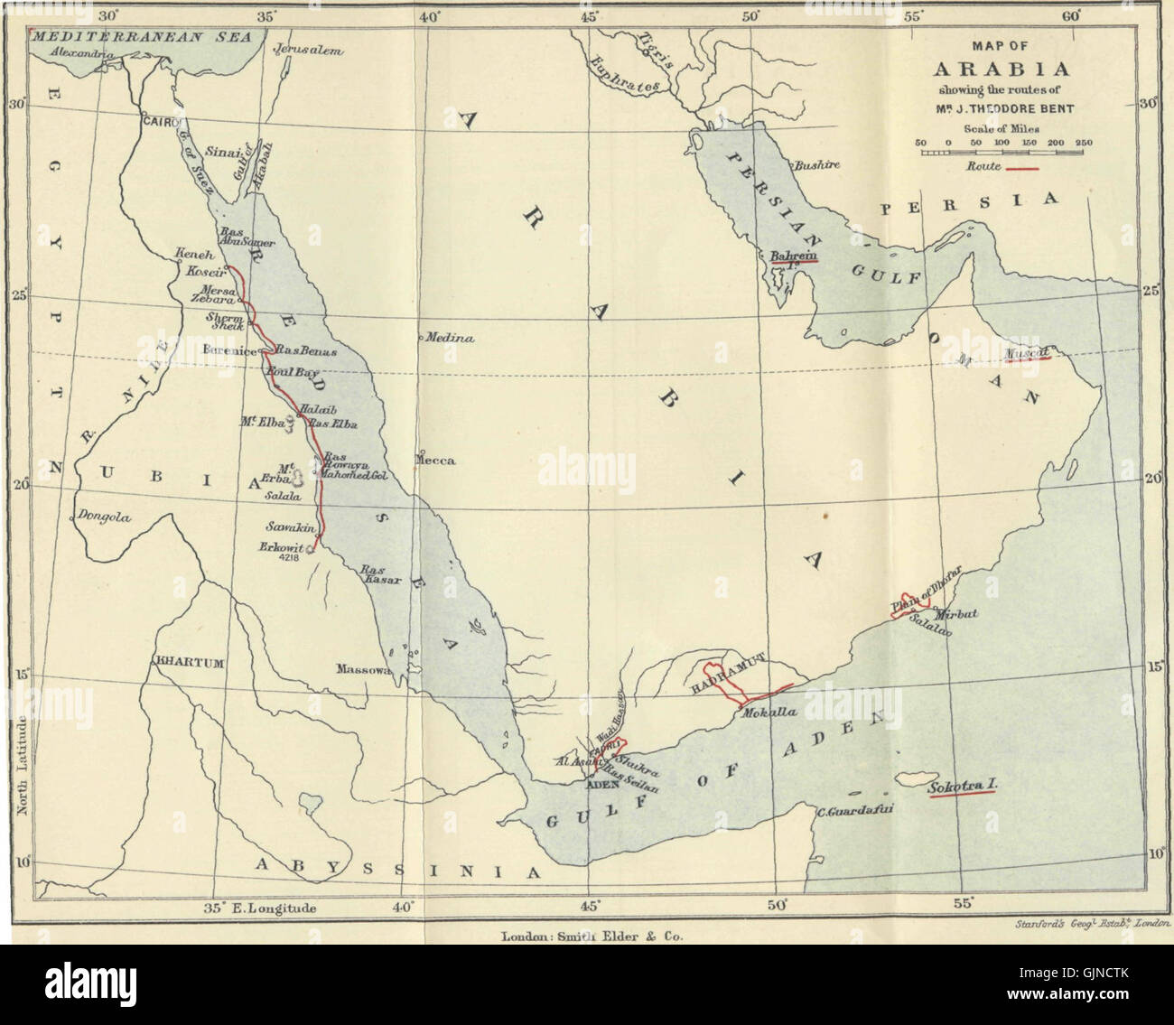This map details the route of Theodore Bent’s exploration of Arabia ...