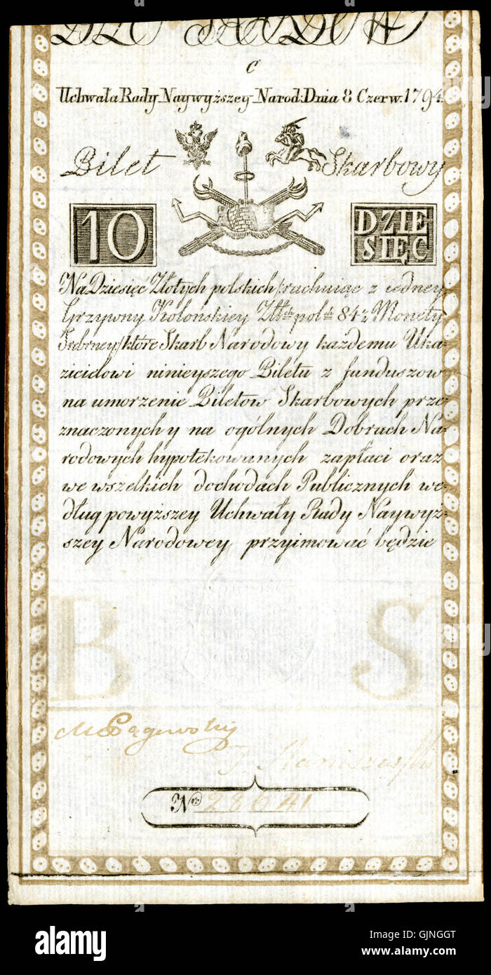 POL A2a Bilet Skarbowy 10 Zlotych (1794 First Issue) Stock Photo