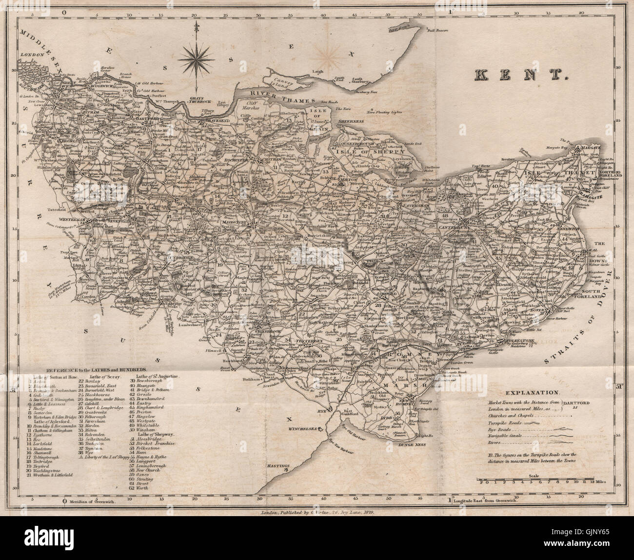 County map of Kent. VIRTUE. , 1829 Stock Photo