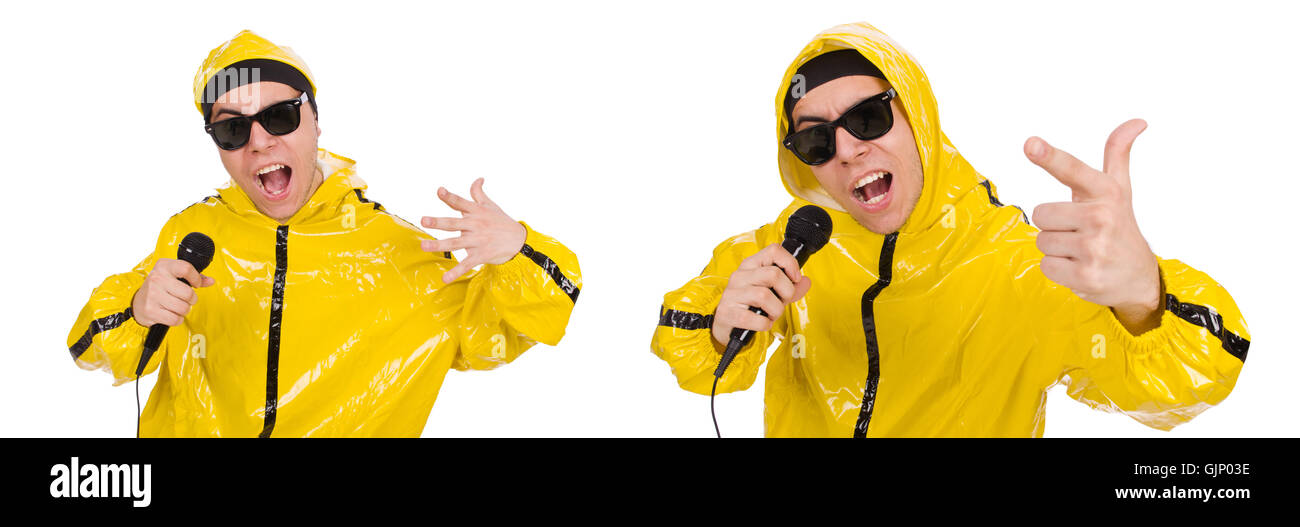 Funny performer with mic isolated on the white Stock Photo