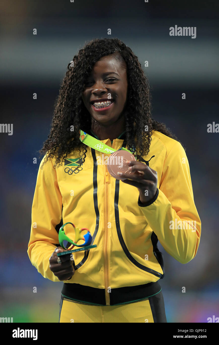 Jamaica's Shericka Jackson with her bronze medal for the Womens 400