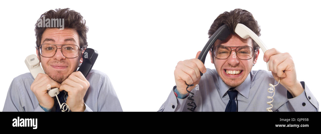 Angry call center employee in collage Stock Photo - Alamy