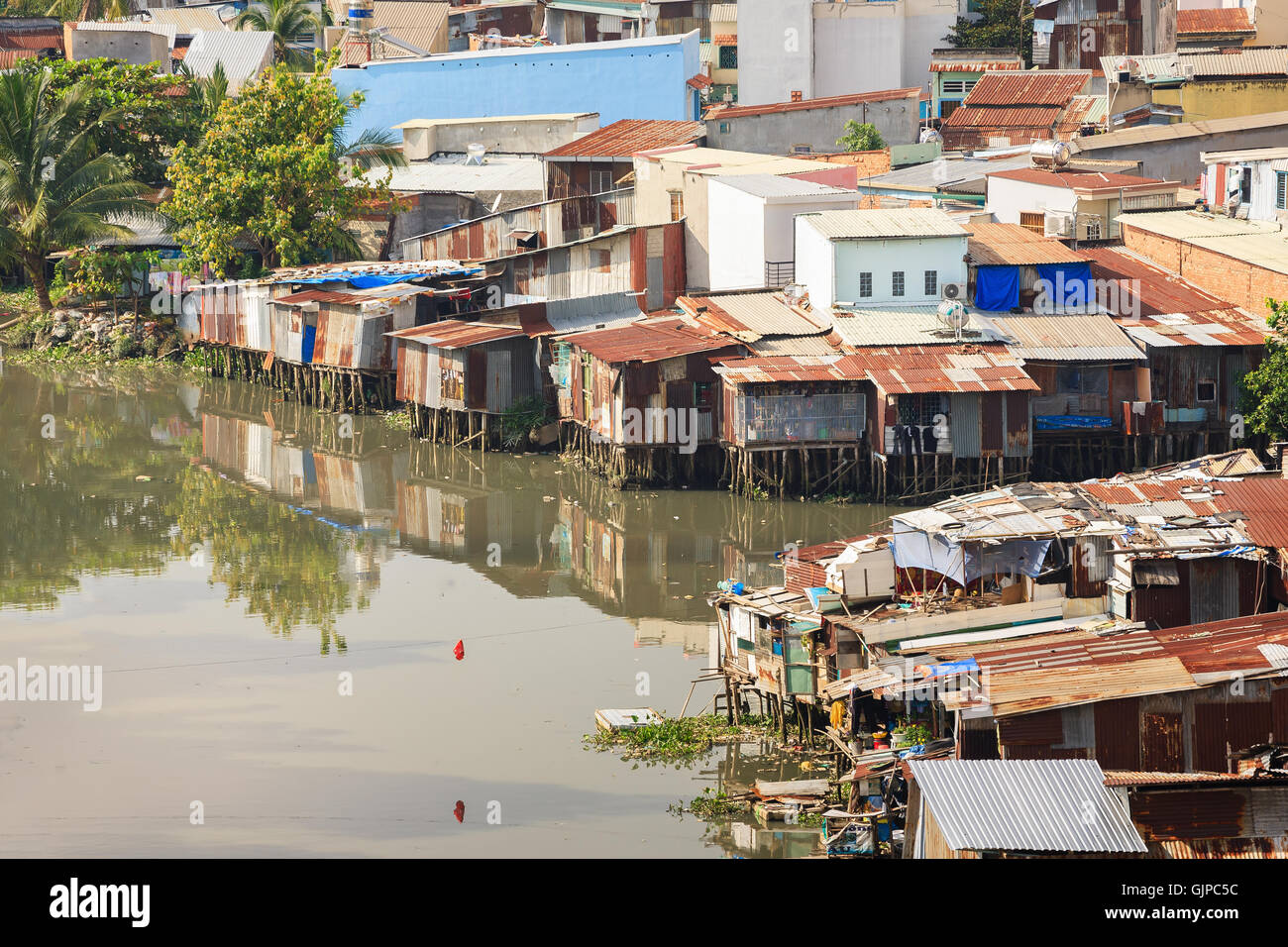 Colorful squatter shacks and houses in a Slum Urban Area in Saigon