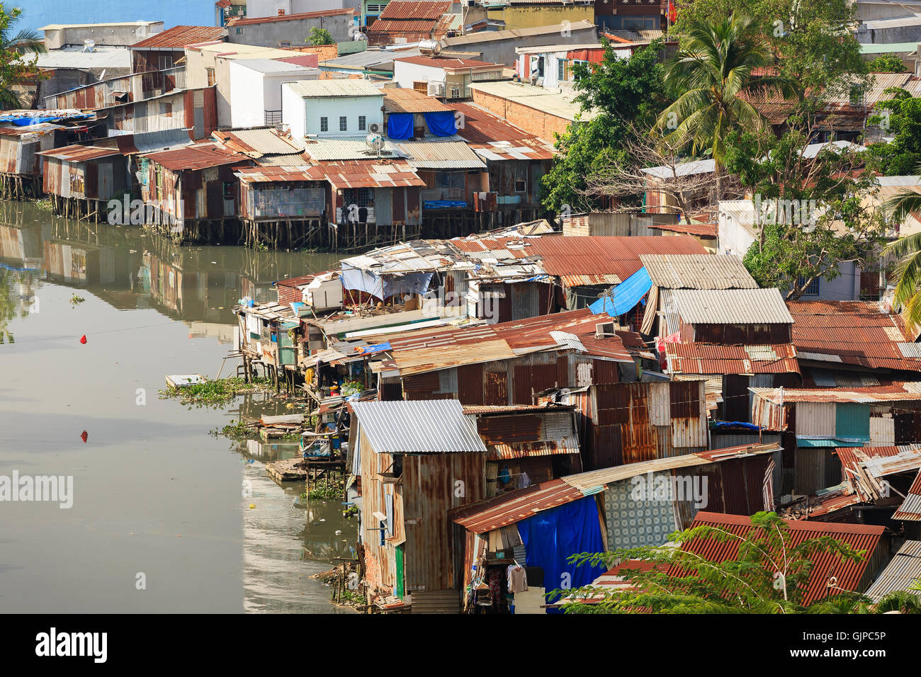 Colorful squatter shacks and houses in a Slum Urban Area in Saigon