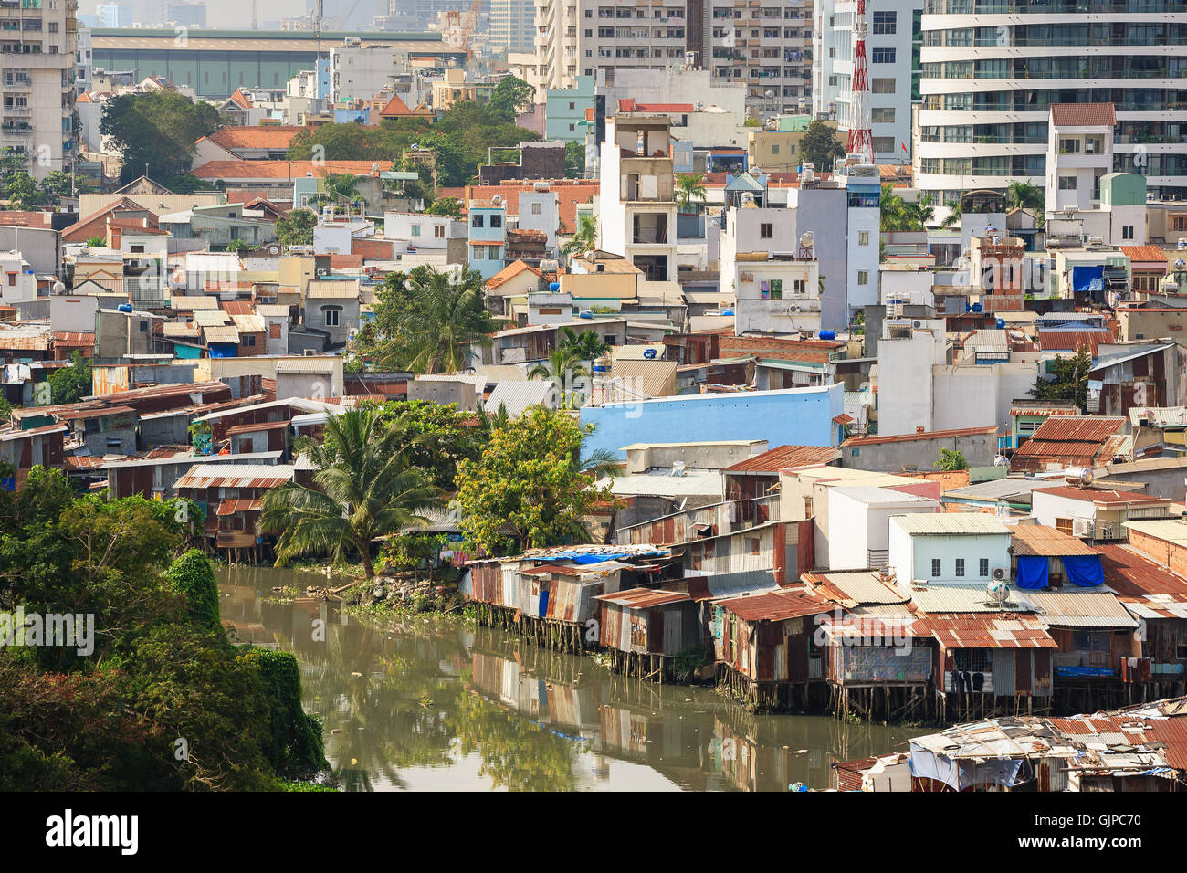 Colorful squatter shacks and houses in a Slum Urban Area in Saigon
